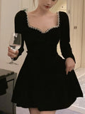 Nukty French Velvet Party Dress for Women Elegant Long Sleeve A-Line Vestidos Robe Female One Piece Mini Birthday Evening Dresses New