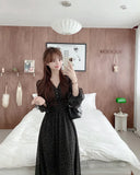 Nukty Korean Floral Print Midi Dresses for Women Summer New Pleated Slim Waist V-neck Long Sleeves Chiffon Sweet Female Clothing
