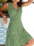 Nukty Summer Dress Women's New Casual Dot V Neck Sleeveless Bandage Beach Pop Floral Belt Women's  Clothing Women