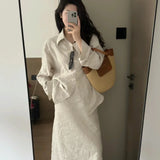 Nukty Casual Set for Women Simple Collar Loose Long Sleeve Shirt Versatile Half length Long Skirt Two Piece Set