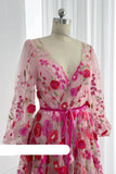 Nukty Barbie Pink Embroidered Flower V-neck Bride Dress Loose Full sleeve and Belt Beach Evening Gown for Wedding Guest Birthday Party