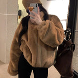 Nukty Chic Women's Faux Fur Coat Thick Warm Women Winter Jacket Furry Artificial Fur Outerwear Zipper Brown Short Jackets