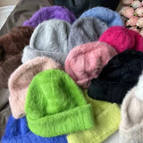 Nukty New Fashion Rabbit Fur Y2k Beanies for Women Soft Warm Fluffy Angola Winter Hat Female Windproof Bonnet Hat Skullies Cap
