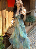 Nukty Elegant Ruffles Print Long Dresses for Women Sweet Sleeveless Fairy Birthday Party Dress Summer A-line Vestidos Casual New Robe