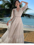 Nukty White Lace Flora Embroidery Women Dresses Bodycon Summer Vacation V-neck Vintage Women's Clothing Elegant Maxi Vestido Lady New
