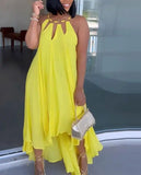 Elegant Dresses for Women Cutout O-Ring Decor Asymmetrical Casual Dress New Fashion Summer Casual Female Clothing Outfits