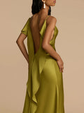 Nukty Women Summer Slit Suspender Satin Dress Sexy Backless Holiday Beach Green Maxi Dress Slim Female Sleeveless Solid Dresses