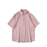Nukty Summer men Short Sleeve Shirt For Men Striped Loose Polos Lapel Shirts New unisex High Street Pocket Blouse Couple shirt