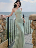Nukty Spring Summer Green Mesh Chic Bow Hollow Out Dresses Women Fashion Bodycon Sexy Neck-mounted Korean Elegant Party Dress