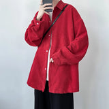Nukty Pineapple Velvet Men's Casual Long Sleeve Button Shirt Coat Outwear Autumn Turn Down Collar Oversize Shirts Red/Black/Dark Gray