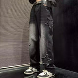 Nukty Stars Patchwork Men Jeans New Fashion Y2K Tassel Pants Korea Clothes Straight Hip Hop Splicing Trousers Male Streetwear
