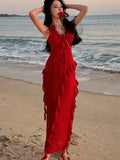 Nukty Women French Style Elegant Vintage Red Ruffles Party Dresses Slim A-Line V-Neck Wedding Evening Dress Spring Summer New
