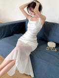 Nukty Elegant Satin Party Dress for Women French Mesh Patchwork Bodycon Mermaid Evening Dresses Summer Midi Vestidos Female Clothing