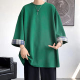 Nukty  men t shirts Summer Men's T-shirts Women Oversized 2XL Korean Style Loose Plaid T-shirt Casual Seven sleeves T-Shirt Male White