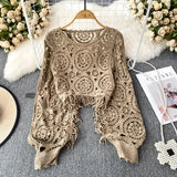 Nukty Bohimian Sweater Women O-neck Lantern Sleeve Tassel Female Causal Crochet Tops Ladies Knitted Hollow Out Sweaters Dropshipping