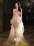 Nukty DRESS TO IMPRESS Sparkling Mermaid Evening Dress Sleeveless Halter Beaded V-Neck Short Cocktail Party Gown Elegant Tulle Trailing Wedding Dresses