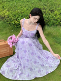 Nukty Summer Floral Print Womens Dresses French Vintage Sleeveless Ruffles Birthday Party Dress Slim Waist A-line Vestidos Female Robe