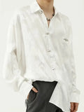 Nukty New Chinese Style Dragon Pattern Jacquard Silk Shirt For Men Casual Metal Buckle Dull Black Aesthetic Neutral Loose-fit Shirt