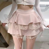 Nukty Kawaii Pink Ruffle Mini Skirt Women Fairycore Lace Double-layer Cute High Waist Bandage Sexy Short Skirt Coquette Lolita