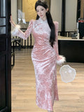Nukty Elegant Velvet Womens Dresses Fashion New Chinese Style Bodycon Evening Party Dress Female Clothing Slim Vestidos Chic Robe New
