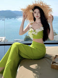 Nukty Summer Elegant Solid Skirt Suits Sexy Spaghetti Strap Floral Top + Slim Waist Long Skirt Holiday Beach Womens Two Pieces Set New