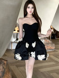 Nukty Spring Summer Elegant Chic French Strapless Women's Dresses Black Backless Slim Fit Wasit Spliced Ball Gown Dress Party
