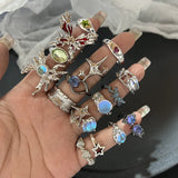 Nukty Y2K Crystal Rings Kpop Heart Adjustable Ring Irregular Geometry Punk Vintage Rings Set for Women Girls New Fashion Jewelry