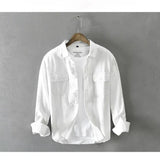 Nukty Spring and Autumn New Men Men's White Long Sleeve Shirt Pure Cotton Retro Style Button Up Pocket Male White Clothes Top