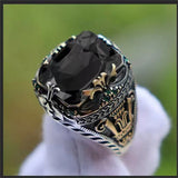 Nukty Retro Handmade Turkish Signet Rings for Men Ancient Silver Color Carved Ring Mystic Zircon Inlay New Punk Motor Biker Ring