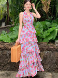 Nukty Summer  Floral Neck Halter Dresses Women New French High Waisted Cake Dress Beautiful Romantic Flowers Vestido