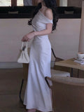 Nukty Elegant French Chic Satin Women's Dresses Solid Pleated Slim Wasit Inclined Shoulder Mermaid Dress 2025 New Summer Evening Party