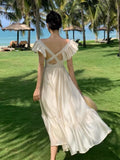 Nukty Women V Neck Backless Evening Party Dress Summer Beige Sweet Temper French Fairy Sundresss Fashion Clothing Vestido