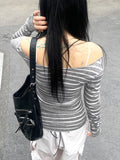 Nukty  Sexy Off Shoulder Long-Sleeve Women T Shirt Vintage Stripes Slim All-Match Tops Y2K Spring Korean Streetwear Casual Female Tees
