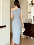 Nukty Elegant Solid Bodycon Evening Party Dresses Fashion Diagonal Collar Off Shoulder Prom Vestidos Summer Korean Female Clothing New