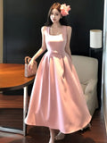 Nukty Spring Summer Elegant French Evening Women's Long Dresses Hign Wasit Sleeveless Square-Collar Plaeted Dress Prom Female Clothes