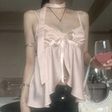 Nukty Kawaii Bandage Lace Pink Camisole Women Sexy Sweet Patchwork Satin Crop Tops with Slit Summer y2k Vintage Tank Tops Cute