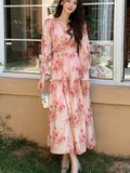 Nukty French Elegant Romantic Print Long Ruffles Dress Office Lady Slim Wasit Pleated V-Neck Robe Korean 2025 Spring Summer Vestidos