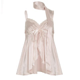 Nukty Kawaii Bandage Lace Pink Camisole Women Sexy Sweet Patchwork Satin Crop Tops with Slit Summer y2k Vintage Tank Tops Cute