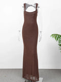 Nukty Elegant Bead Mesh Patchwork Long Dress For Women Backless O-neck Sleeveless Slim Robes Shiny Party Club Sexy Dresses
