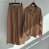 Riolio Spring Summer Women's Two Piece Casual Long Sleeve Shirt Women's Suit Fashion Button Casual Female Wide Leg Pants 2 Piece Sets