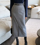 Nukty Elegant Women Striped Faux Wool Pencil Skirts Belted Spring Autumn Office Ladies Casual A-Line High Waist Midi Skirt