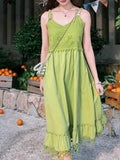 Nukty Summer Green Bohemain Patchwork Vintage Sling Dresses For Woman V-Neck Sleeveless Hollowed Style Dress Travel Beach New