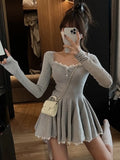 Nukty Y2K Knitted Dresses for Women Autumn Square Collar Long Sleeves Slim Birthday Party Mini Dress Female Pleated A-Line Vestidos