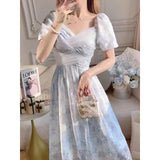 Nukty Summer New Chic Printing Dress Women's Clothing Fashion V-Neck Slim Medium Long Short Sleeve Sweet Y2k Evening Dresses