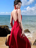 Nukty Sexy Pleated Silk Fashionable Slimming Split Dresses Photography Supernatural Desert Open-Back Dress Women Elegant Long New