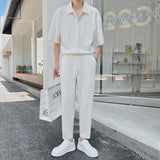 Nukty Summer Pleated Sets Men Fashion Black/White Casual Ice Silk Suit Men Korean Short-sleeved Shirt/Trousers Two-piece Mens Set