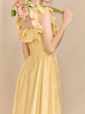 Nukty Yellow Ruffle Summer Chic French Pleated Long Dresses New Women's Flying Sleeve High Waist Square Collar Vacation Backless Dress