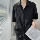 Nukty Summer Pleated Sets Men Fashion Black/White Casual Ice Silk Suit Men Korean Short-sleeved Shirt/Trousers Two-piece Mens Set