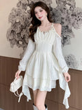 Nukty Elegant Princess Mini Dress for Women Sequin Off Shoulder Ruffle Long Sleeve A-Line Vestidos Vintage Korean Female Short Dresses