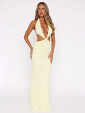 Nukty Women Sexy Hollow Out Deep V-neck Long Dress Fashion Solid Pleated Backless Lace-up Maxi Dresses Summer Vocation Beach Vestidos